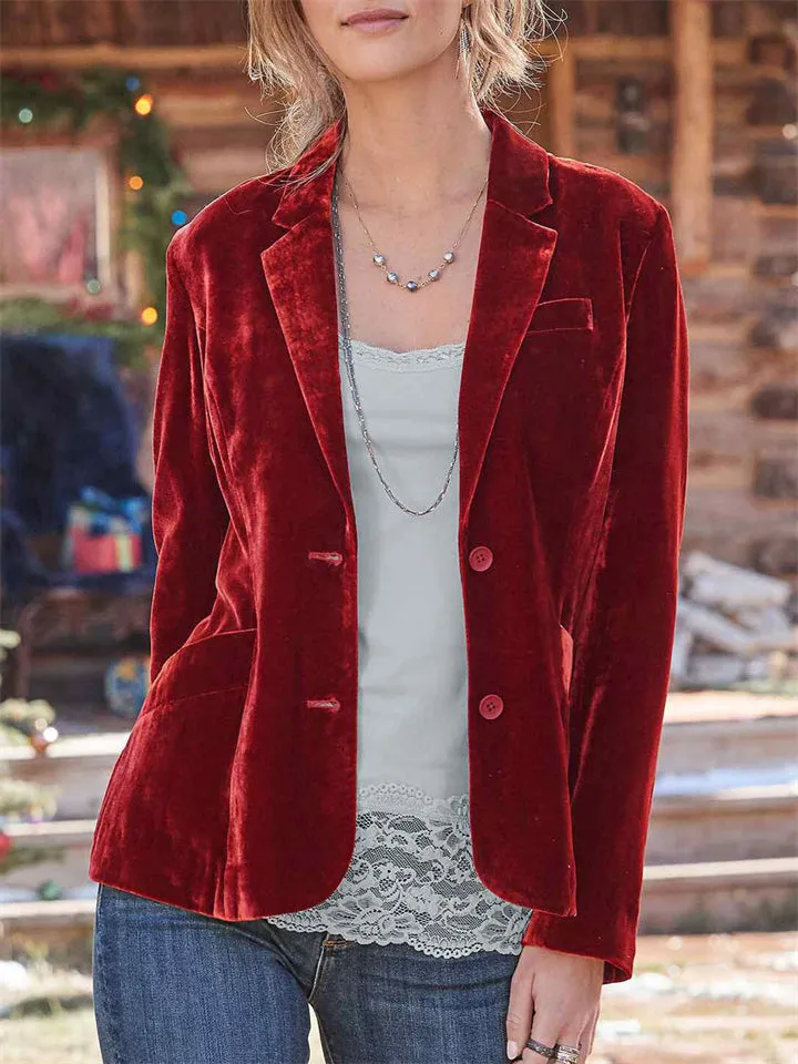 Women's Luxury Velvet Fashion Lapel Button Dowm Blazer