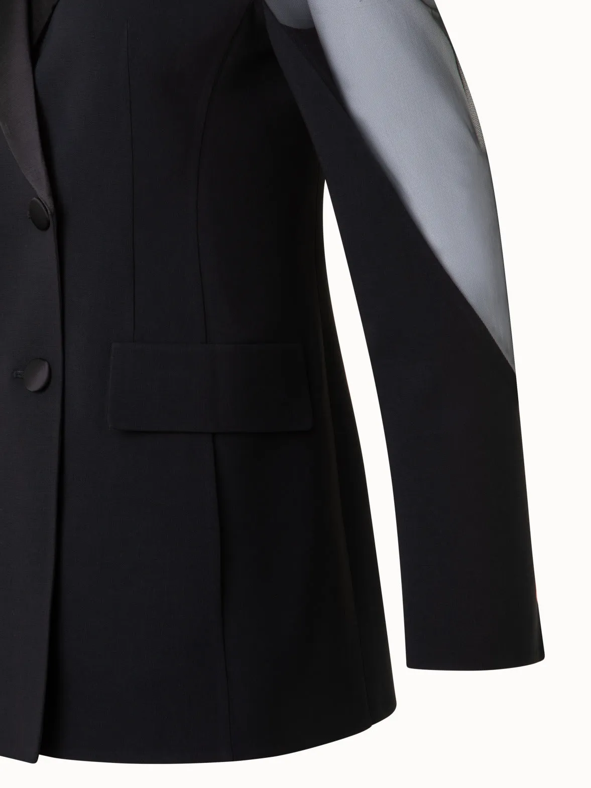 Wool Satin Tuxedo Jacket with Sheer Shoulders