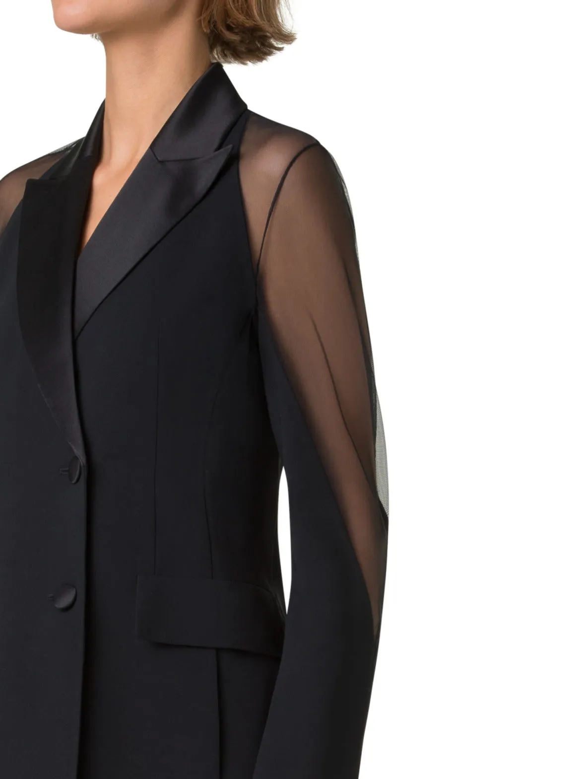 Wool Satin Tuxedo Jacket with Sheer Shoulders