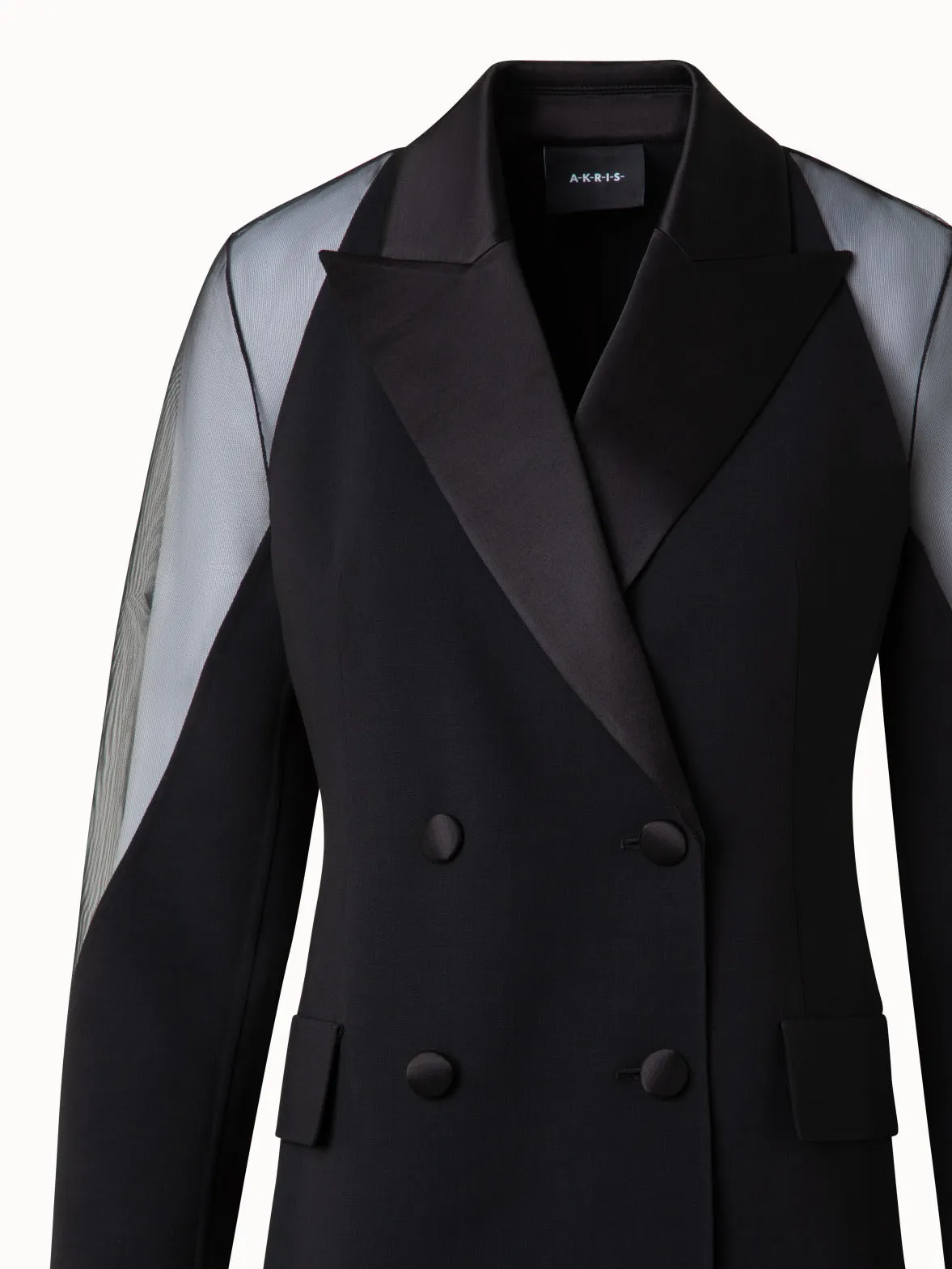 Wool Satin Tuxedo Jacket with Sheer Shoulders