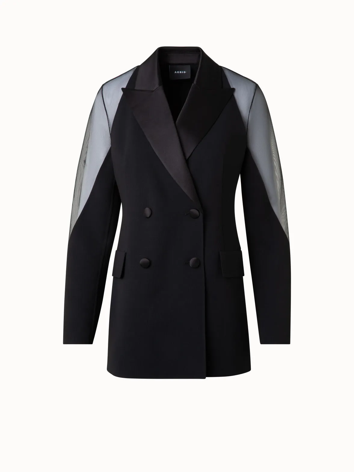 Wool Satin Tuxedo Jacket with Sheer Shoulders