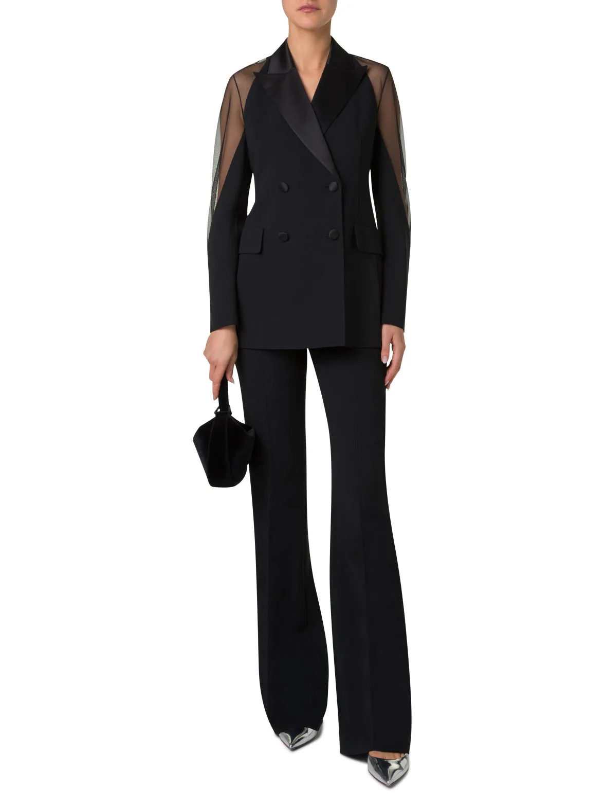 Wool Satin Tuxedo Jacket with Sheer Shoulders