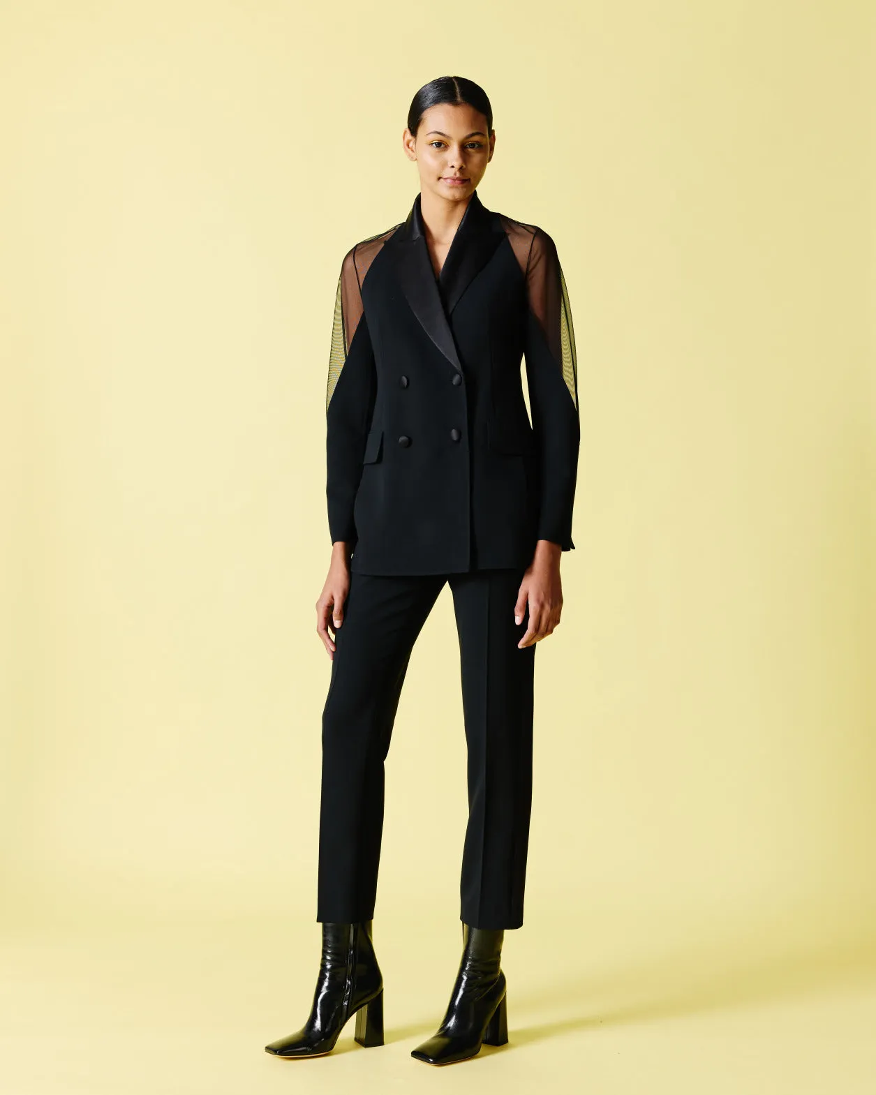 Wool Satin Tuxedo Jacket with Sheer Shoulders