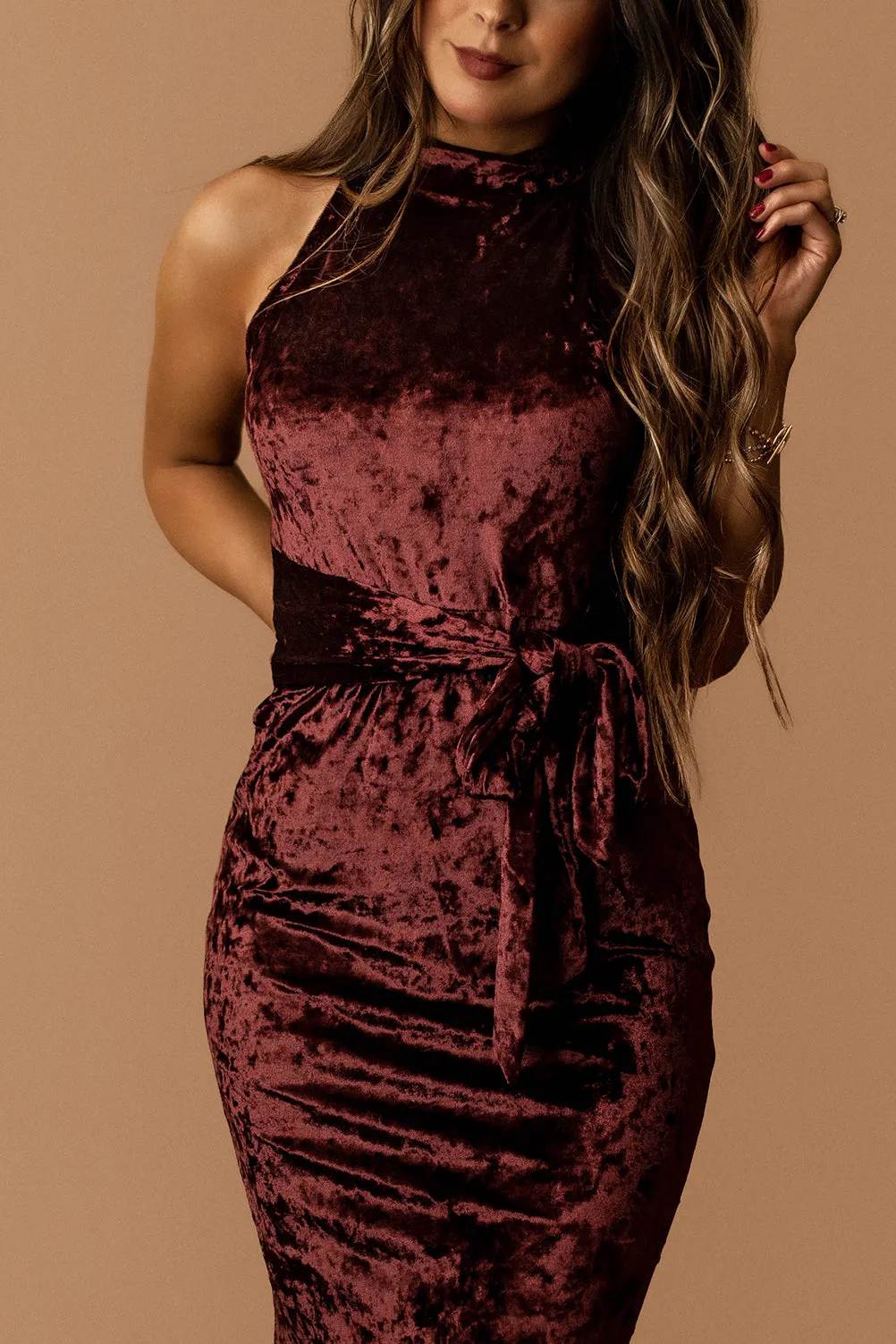You Know Better Sleeveless Halter-Neck Velvet Dress (Black Cherry)
