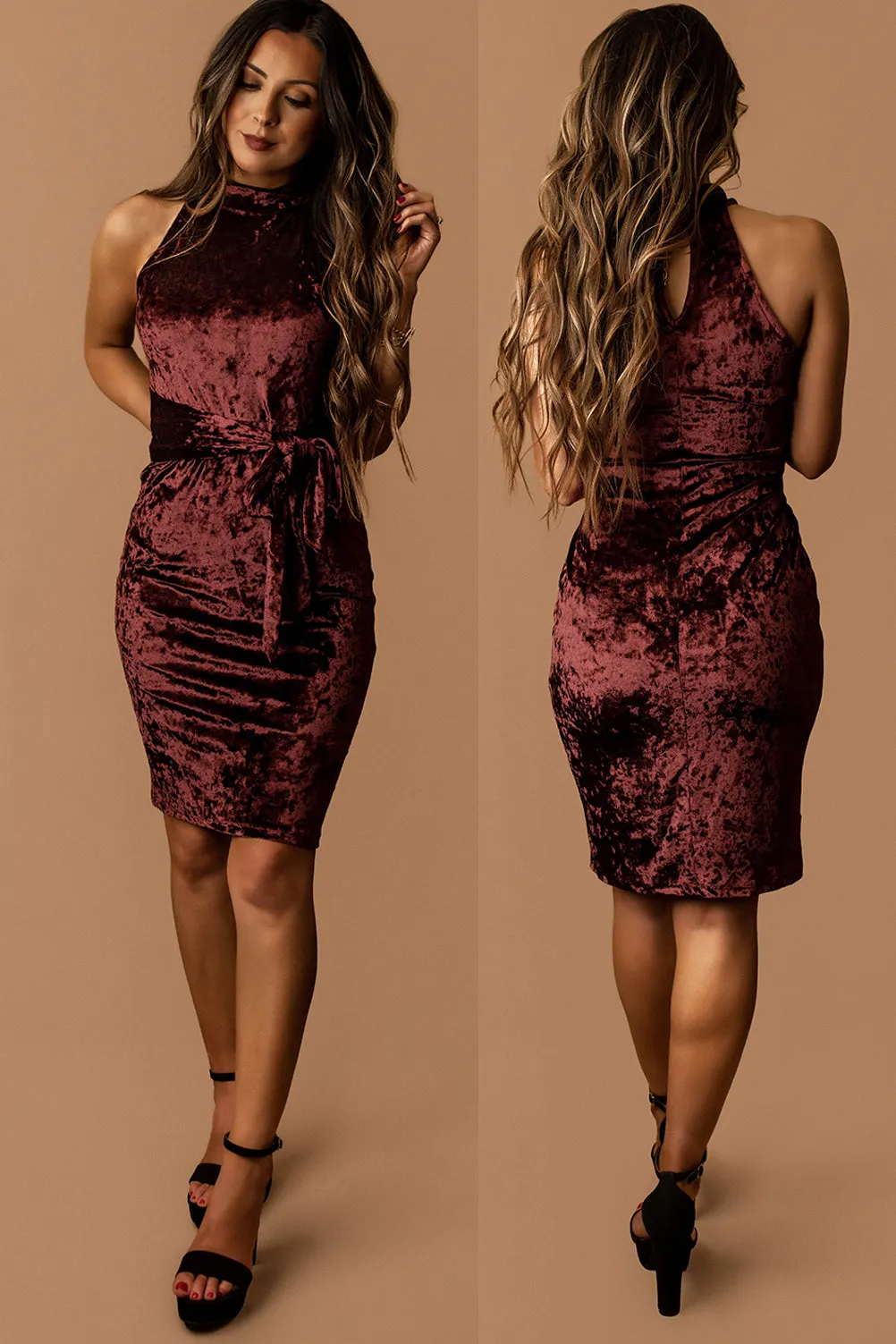 You Know Better Sleeveless Halter-Neck Velvet Dress (Black Cherry)